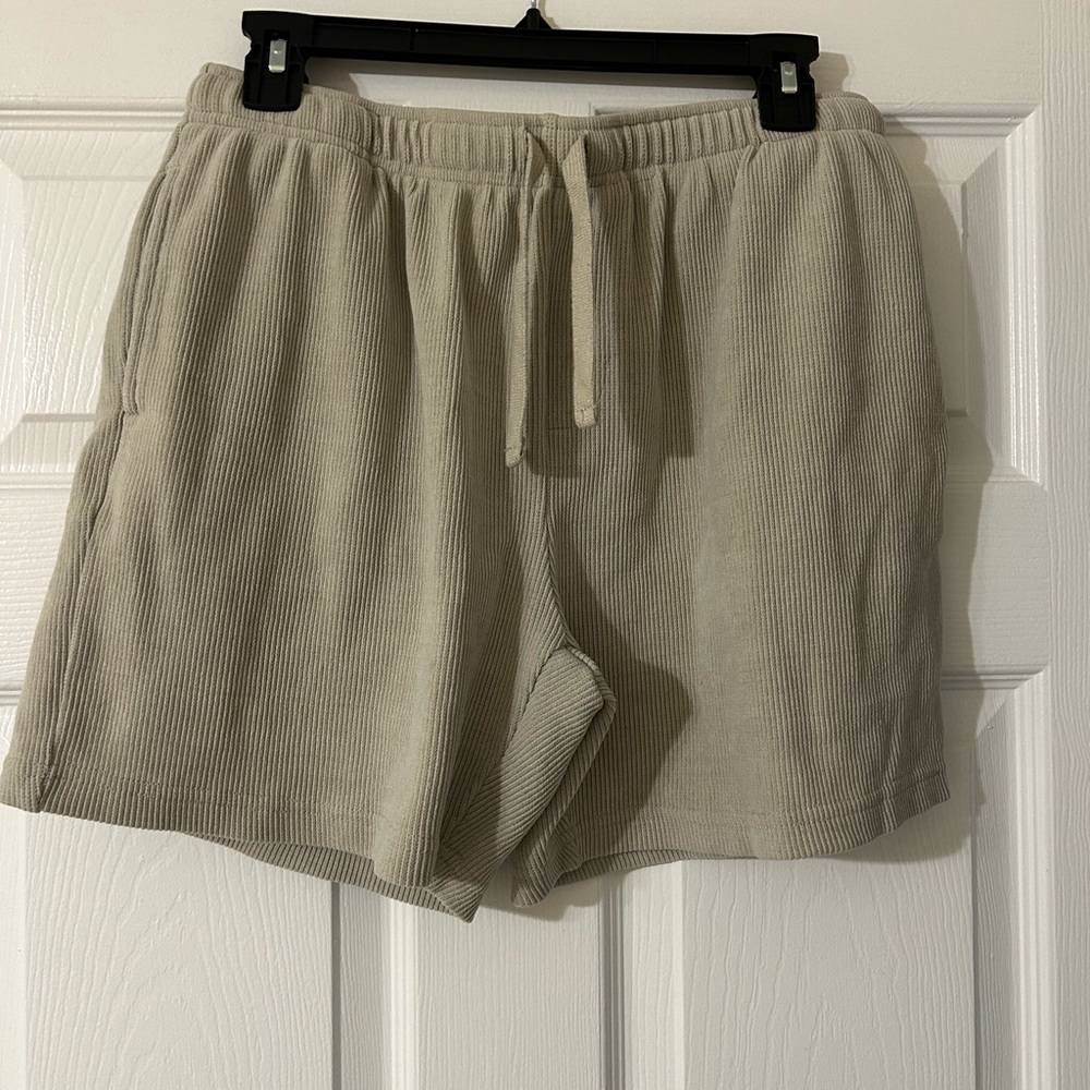 Beige Ribbed Drawstring Shorts